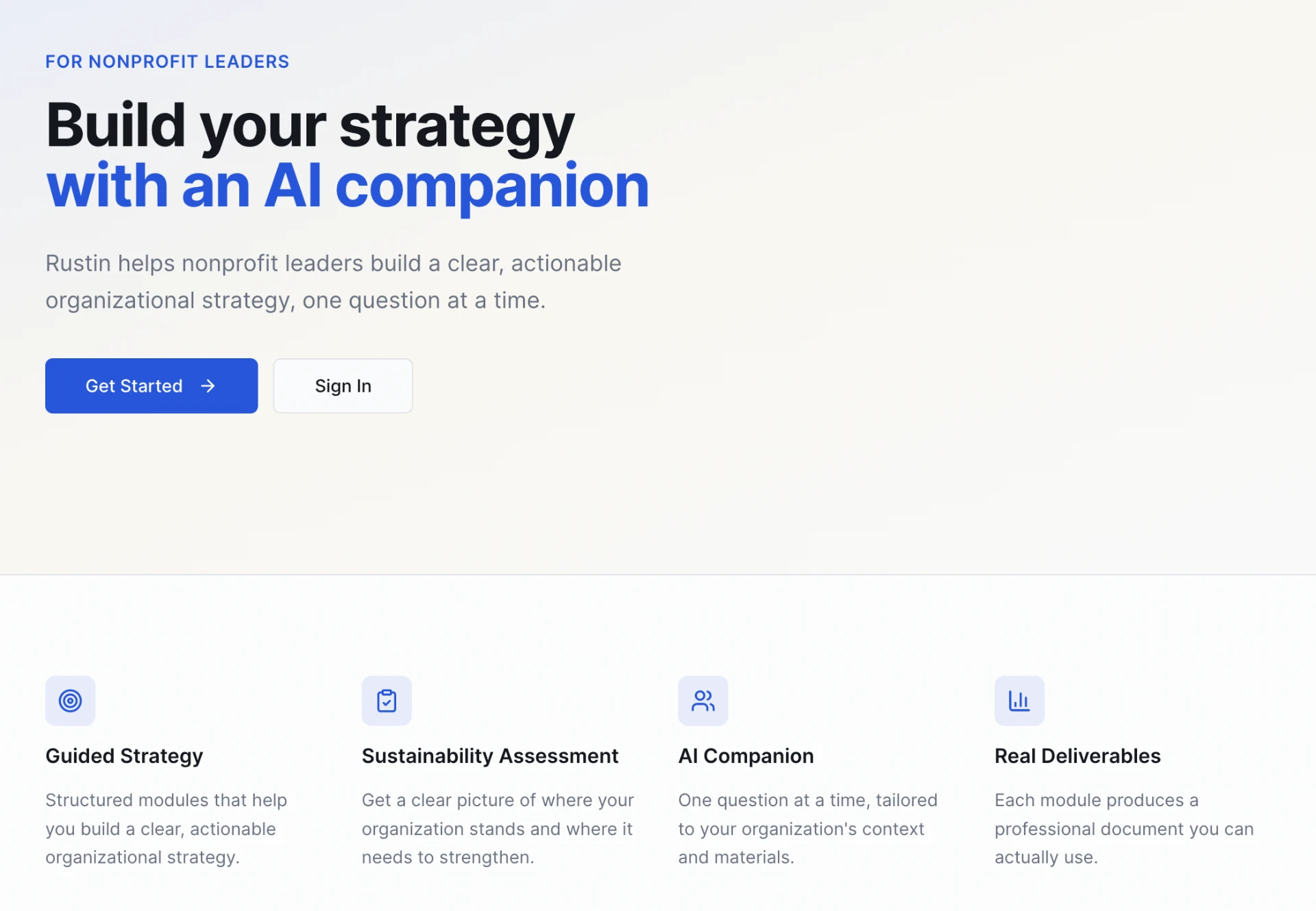 Rustin home screen: Build your strategy with an AI companion